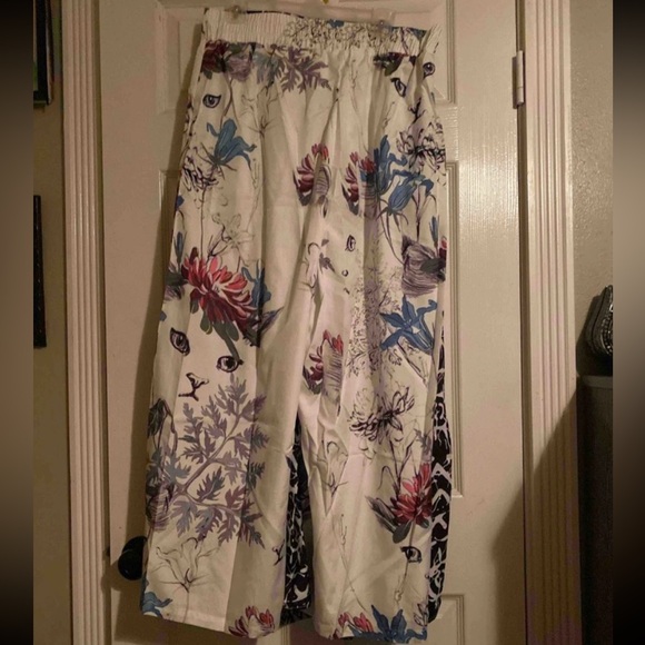 Boho Floral Print Tropical Cat Print High Waist Wide Leg Palazzo Pants White - Picture 3 of 5